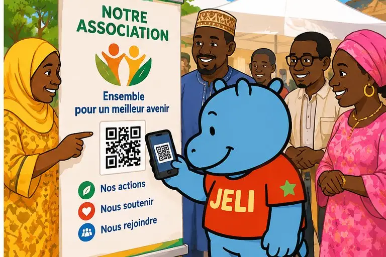 Malini scanne le QR code de la banderole d'une association, entouré de ses membres