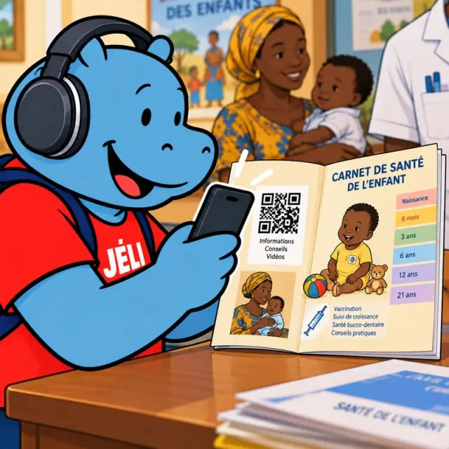 Malini, avec un casque audio, scanne le QR code d'un carnet de santé de l'enfant
