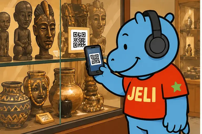Malini, casque sur les oreilles, scanne le QR code d'une vitrine de musée