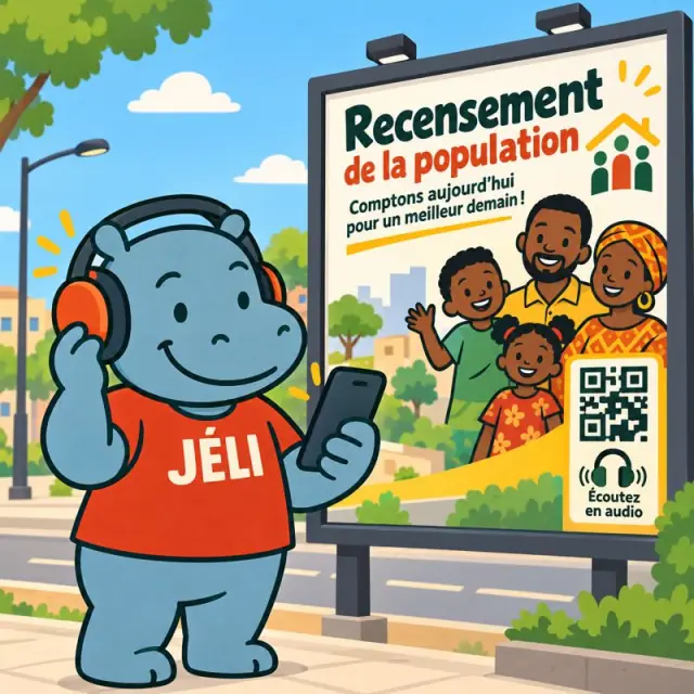 Malini, avec un casque audio, scanne une affiche du recensement de la population